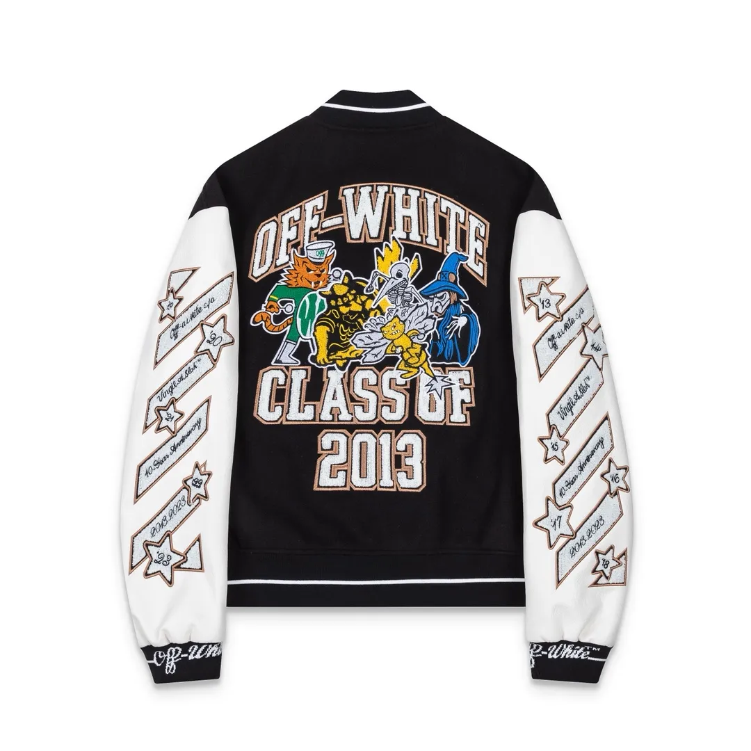 S21#P660, offwhite heavy-duty embroidered leather baseball jacket. The body is made of woolen fabric. Couple's jacket. Black size: S M L XL